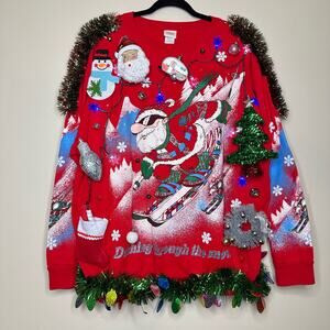 Ugly Christmas Sweater Skiing Santa LIGHTS UP Tacky Tinsel Xmas Party Winner XL